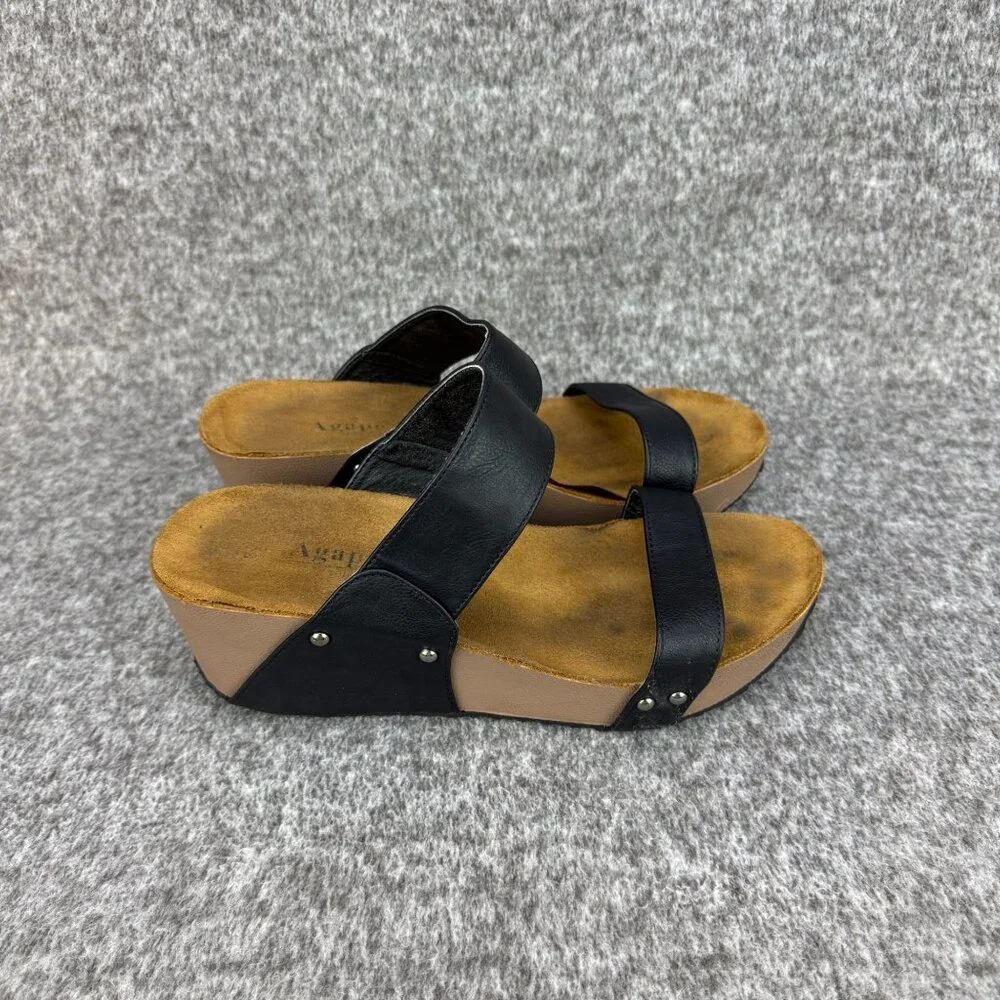 ✅Womens 8.5 AGAPE COLLECTION Platform Sandals Black Wedge Studded Faux Leather - Picture 1 of 11